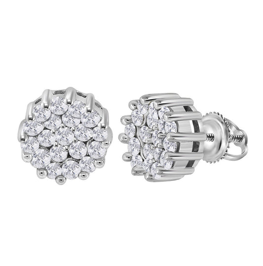 14kt White Gold Womens Round Diamond Flower Cluster Earrings 1.00 Cttw