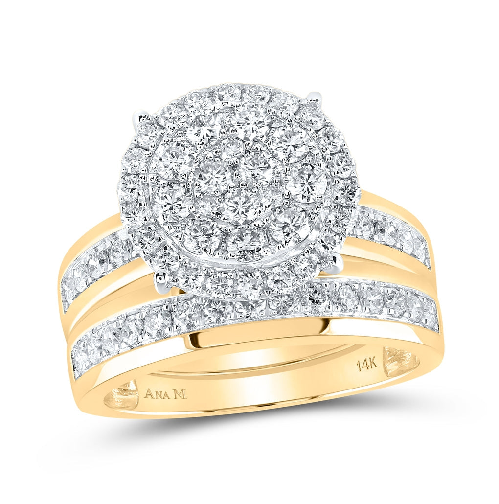14K Yellow Gold His Hers Round Diamond Cluster Matching Wedding Set, Womens Size: 5-10, Mens Size: 7-13