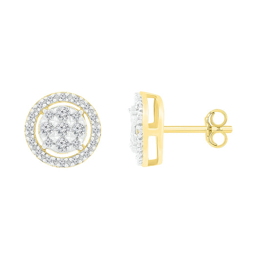 10K Yellow Gold Womens Round Diamond Circle Cluster Earrings 1/5 Cttw