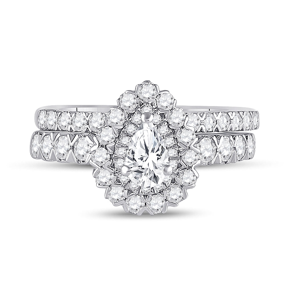 14K White Gold Pear Diamond Halo Bridal Wedding Ring Band Set 1-1/2 Cttw, Womens Size: 5-10