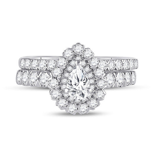 14K White Gold Pear Diamond Halo Bridal Wedding Ring Band Set 1-1/2 Cttw, Womens Size: 5-10