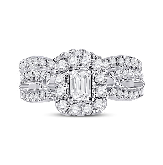 14K White Gold Emerald Diamond Bridal Wedding Ring Band Set 1-3/8 Cttw, Womens Size: 5-10