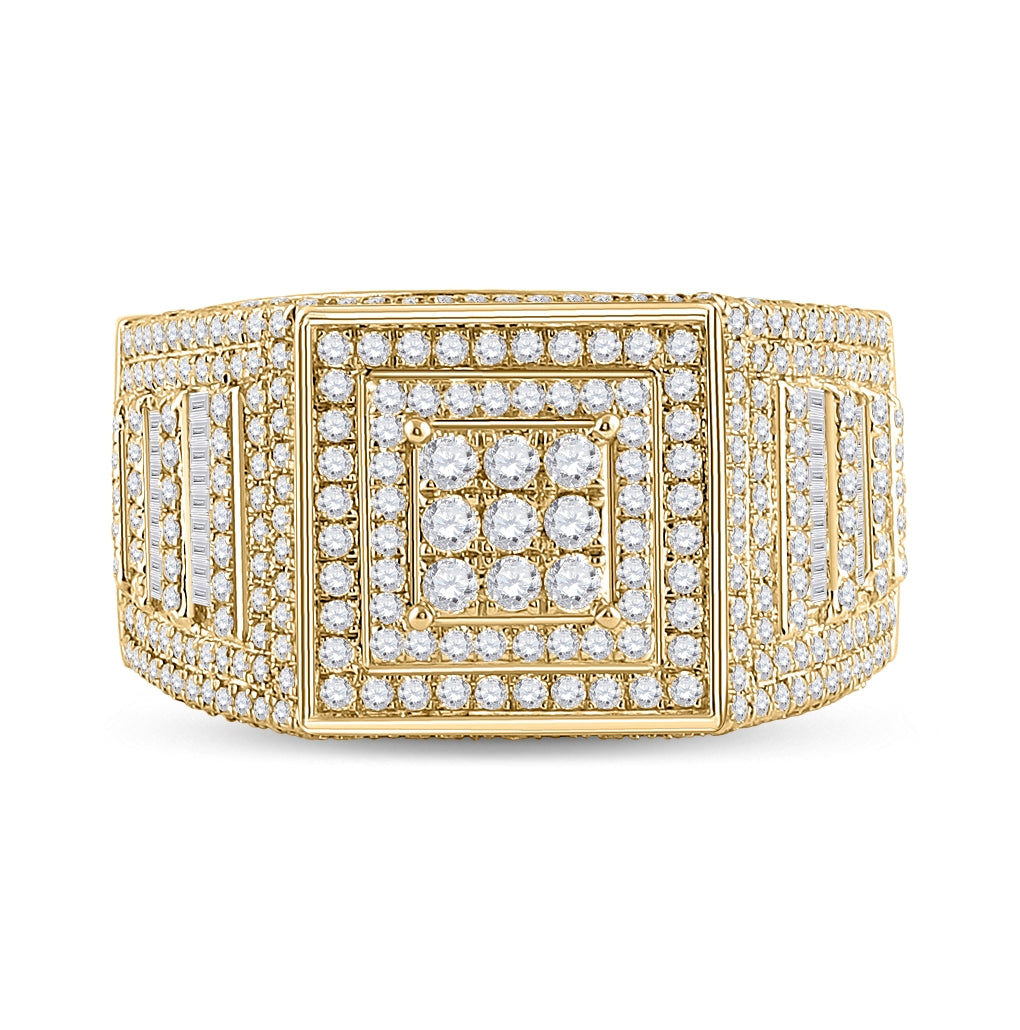 14K Yellow Gold Mens Baguette Diamond Statement Square Ring 2-1/4 Cttw, Mens Size: 7-13