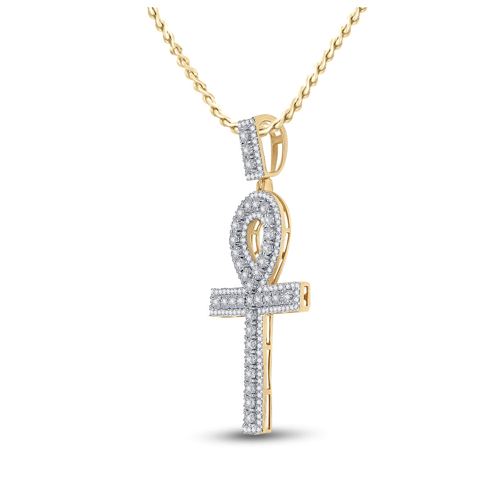 10K Yellow Gold Mens Round Diamond Ankh Cross Charm Pendant 1 Cttw