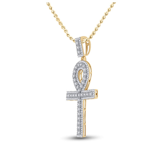 10K Yellow Gold Mens Round Diamond Ankh Cross Charm Pendant 1 Cttw