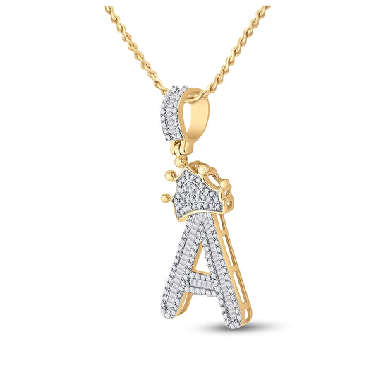 10K Yellow Gold Mens Baguette Diamond Crown LetterCharm Pendant