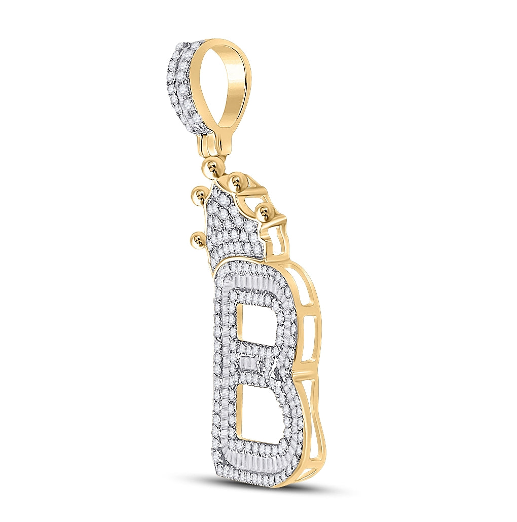 10K Yellow Gold Mens Baguette Diamond Crown LetterCharm Pendant