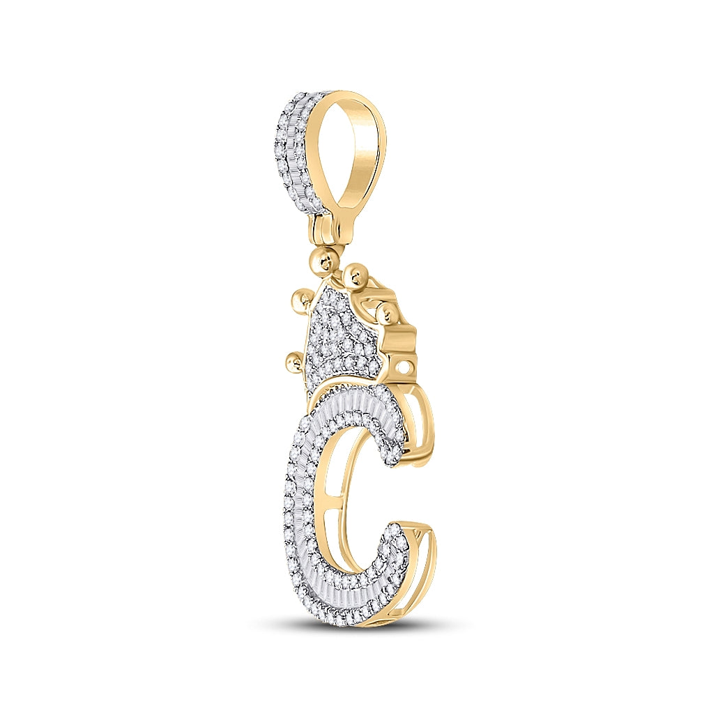 10K Yellow Gold Mens Baguette Diamond Crown LetterCharm Pendant