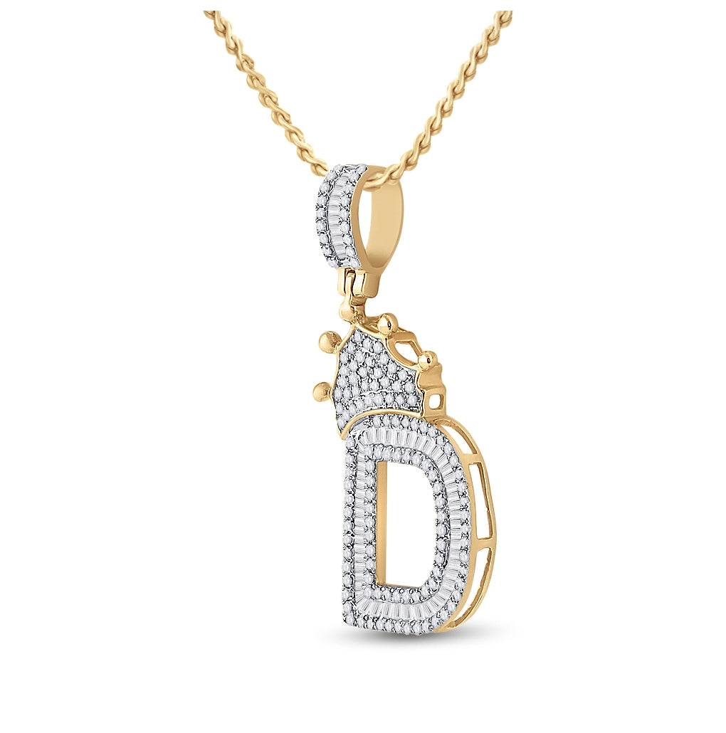 10K Yellow Gold Mens Baguette Diamond Crown LetterCharm Pendant