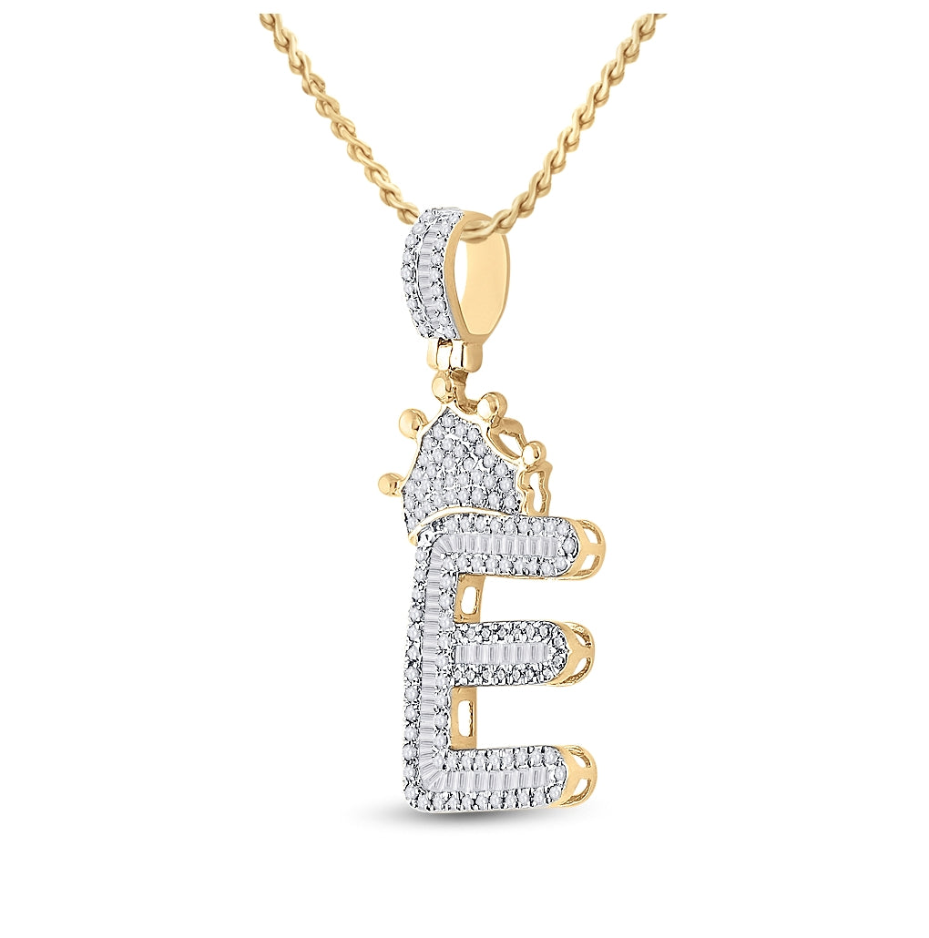 10K Yellow Gold Mens Baguette Diamond Crown LetterCharm Pendant