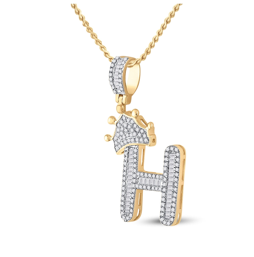 10K Yellow Gold Mens Baguette Diamond Crown LetterCharm Pendant
