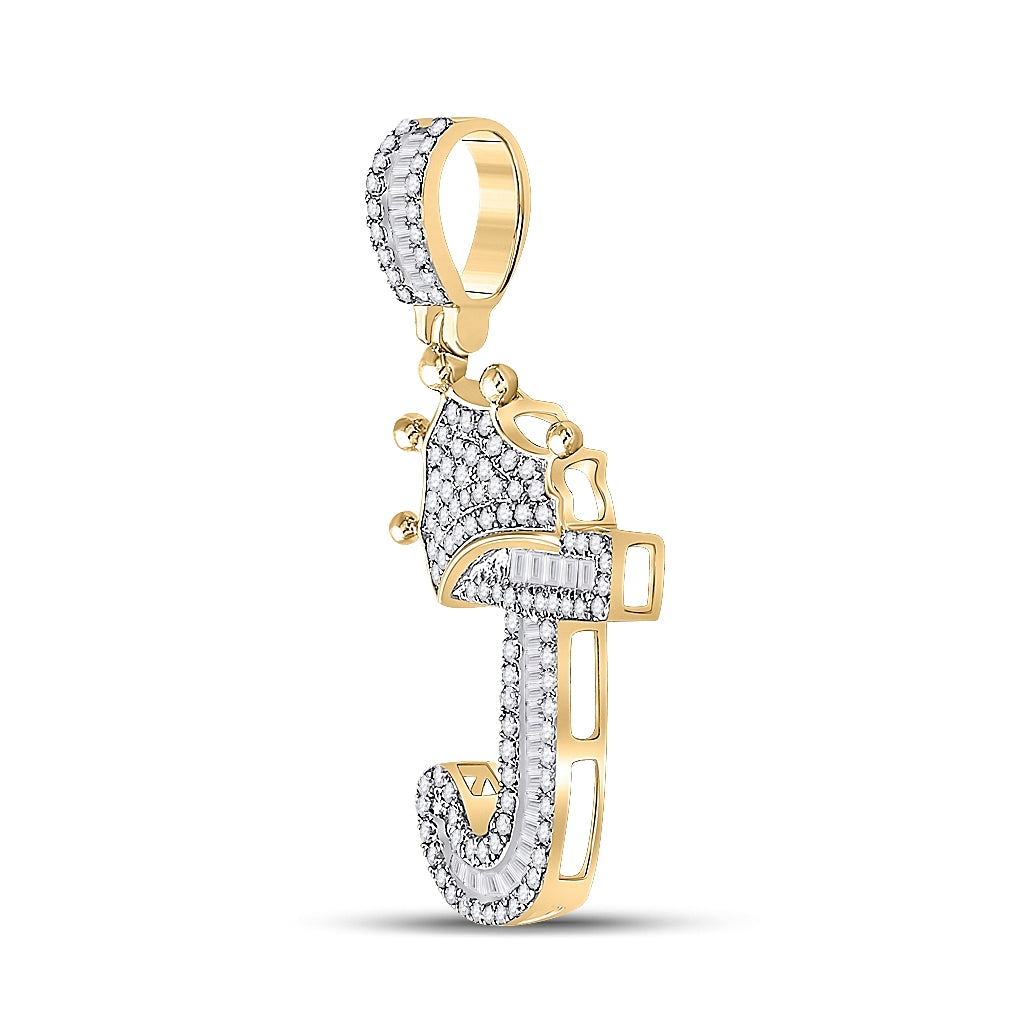 10K Yellow Gold Mens Baguette Diamond Crown LetterCharm Pendant
