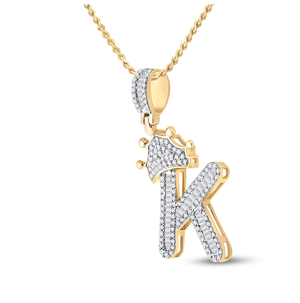 10K Yellow Gold Mens Baguette Diamond Crown LetterCharm Pendant
