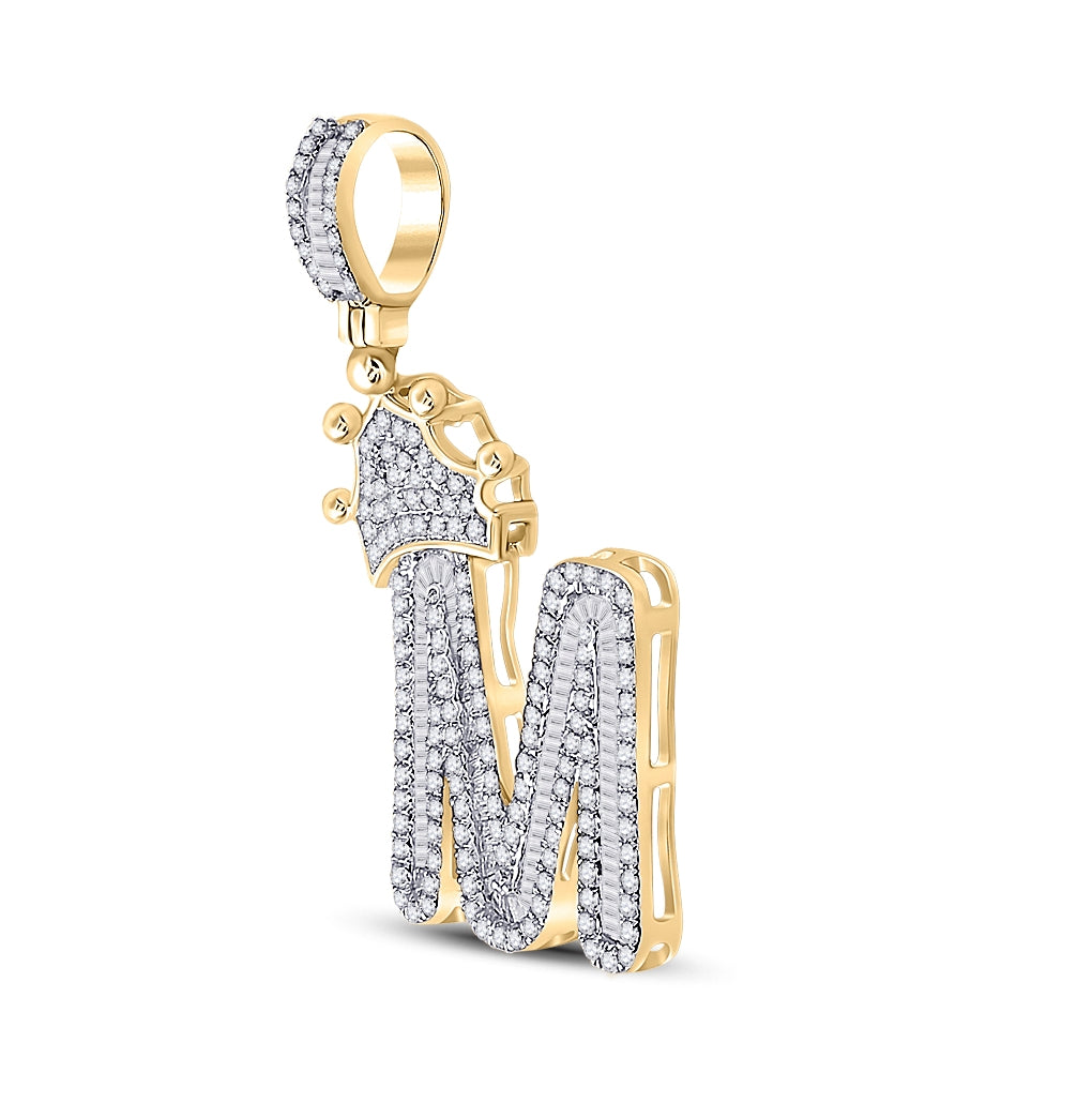 10K Yellow Gold Mens Baguette Diamond Crown LetterCharm Pendant