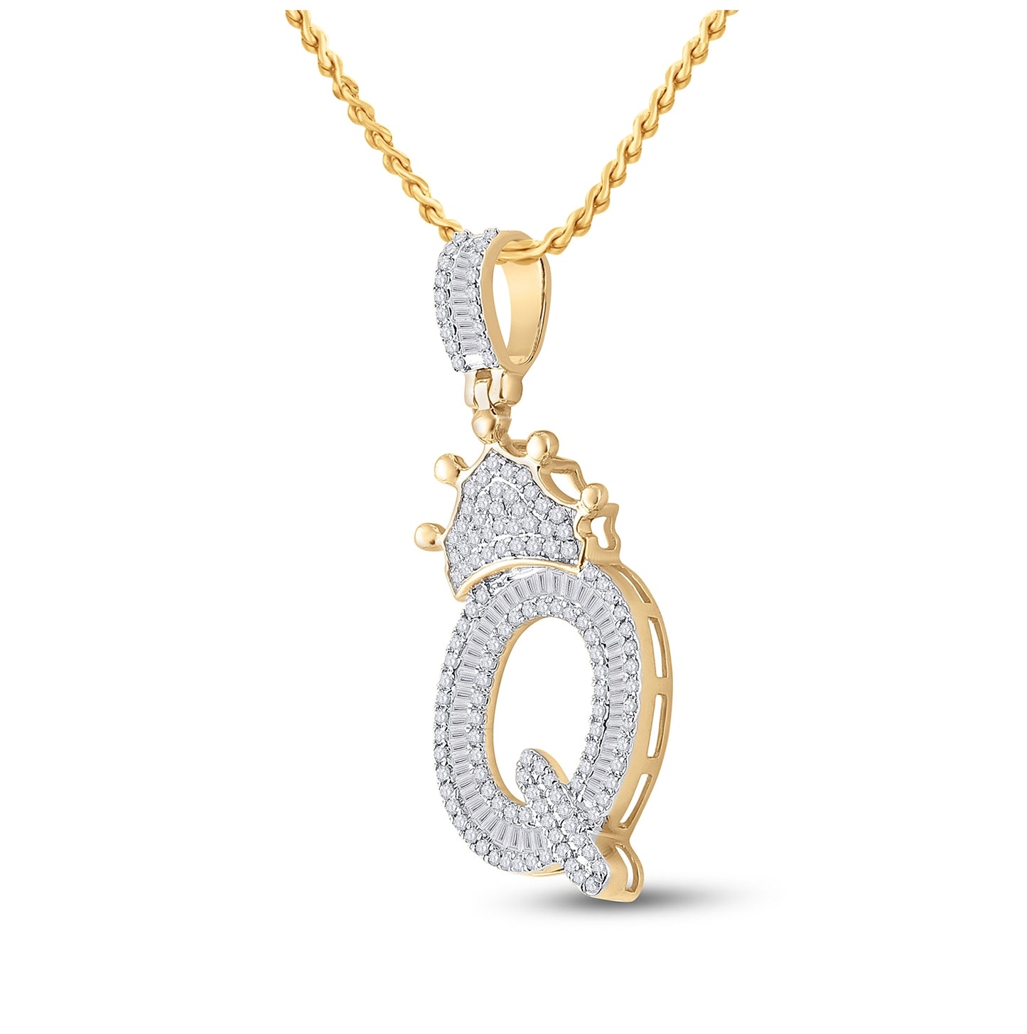 10K Yellow Gold Mens Baguette Diamond Crown LetterCharm Pendant
