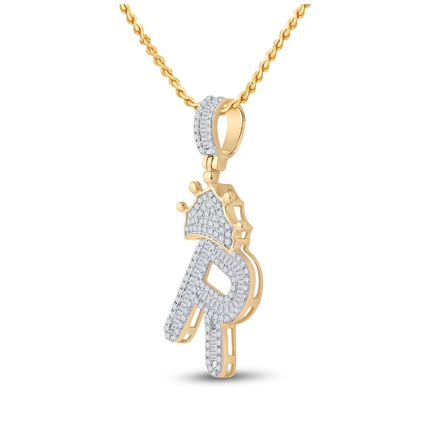 10K Yellow Gold Mens Baguette Diamond Crown LetterCharm Pendant