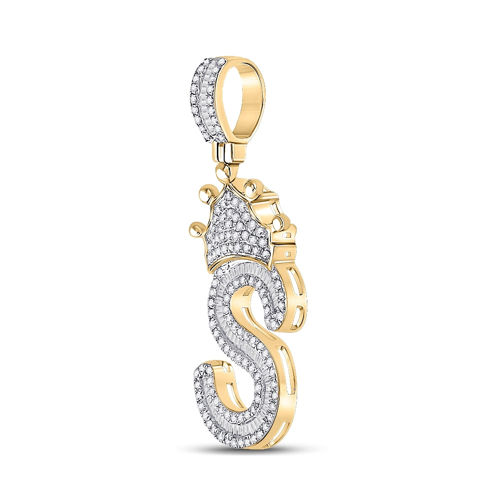 10K Yellow Gold Mens Baguette Diamond Crown LetterCharm Pendant