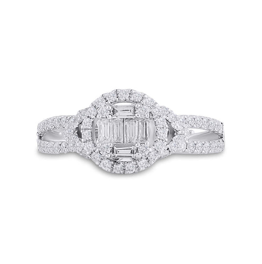 14K White Gold Womens Baguette Diamond Halo Ring 3/4 Cttw, Womens Size: 5-10