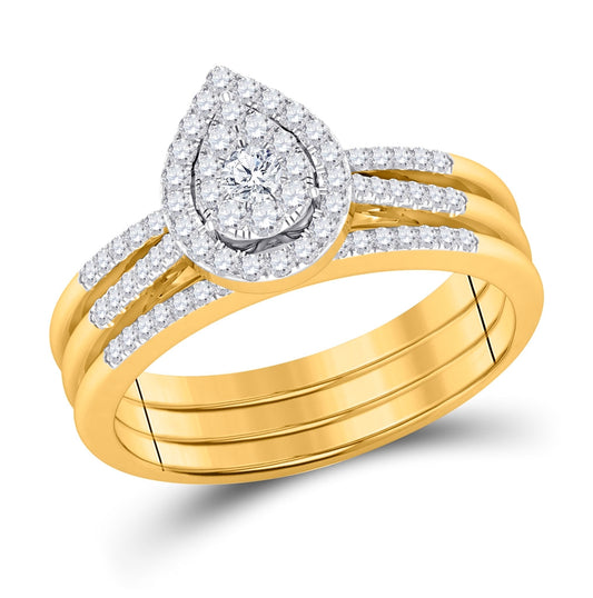 14K Yellow Gold Round Diamond 3-Piece Bridal Wedding Ring Band Set 1/2 Cttw, Womens Size: 5-10