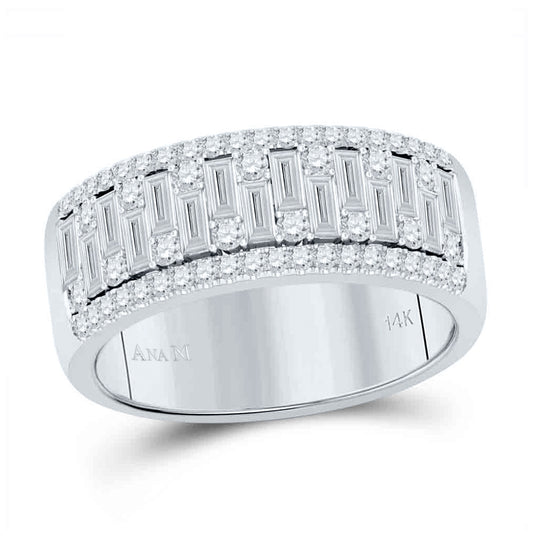 14K White Gold Mens Baguette Round Diamond Band Ring 1-1/4 Cttw, Mens Size: 7-13