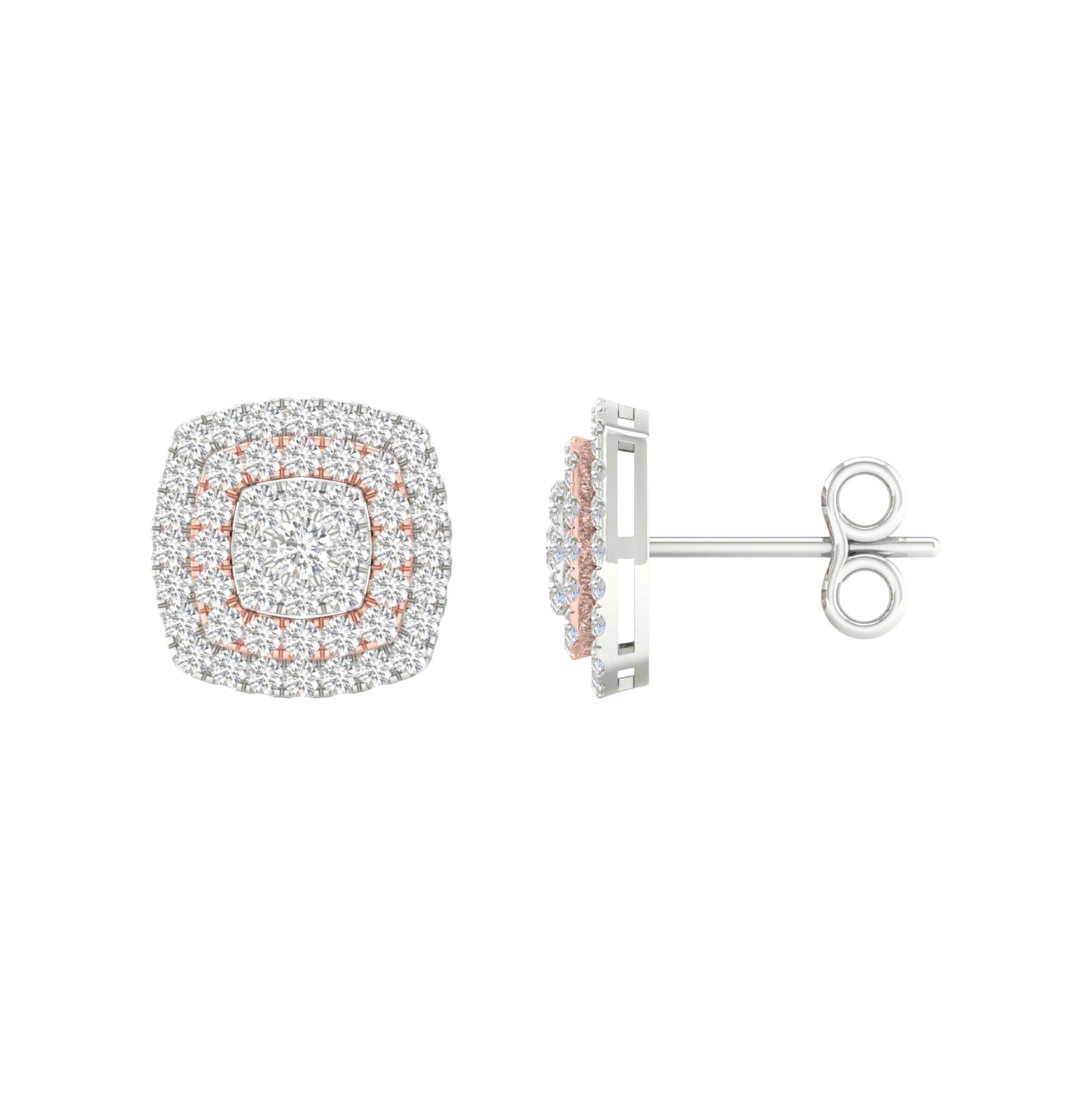 14K Two-tone Gold Womens Round Diamond Square Cluster Earrings 1 Cttw