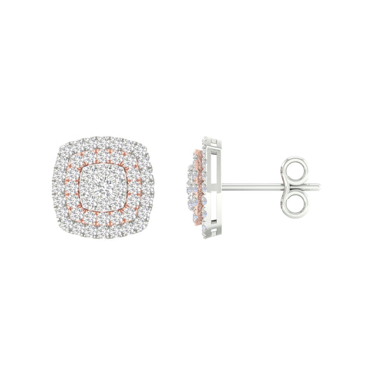 14K Two-tone Gold Womens Round Diamond Square Cluster Earrings 1 Cttw