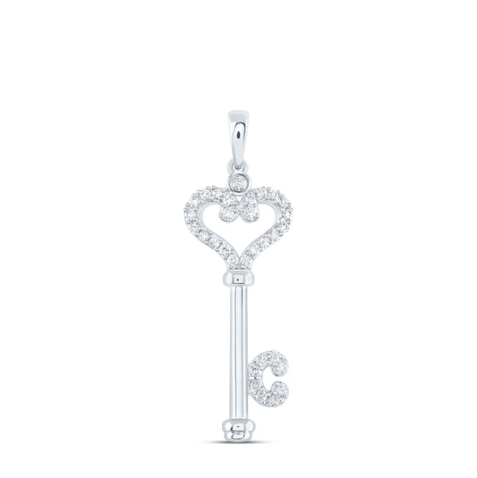 10K White Gold Womens Round Diamond Key Pendant 1/6 Cttw