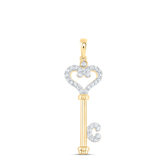 10K Yellow Gold Womens Round Diamond Key Pendant 1/6 Cttw
