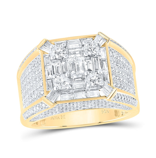 14K Yellow Gold Mens Baguette Diamond Square Ring 2-7/8 Cttw, Mens Size: 7-13