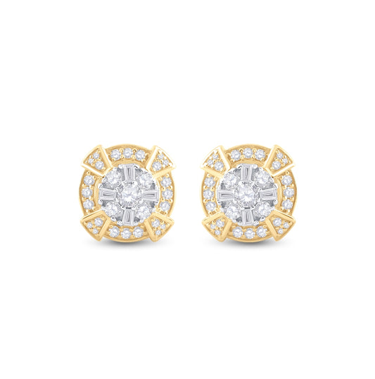 14K Yellow Gold Baguette Diamond Circle Cluster Earrings 3/4 Cttw
