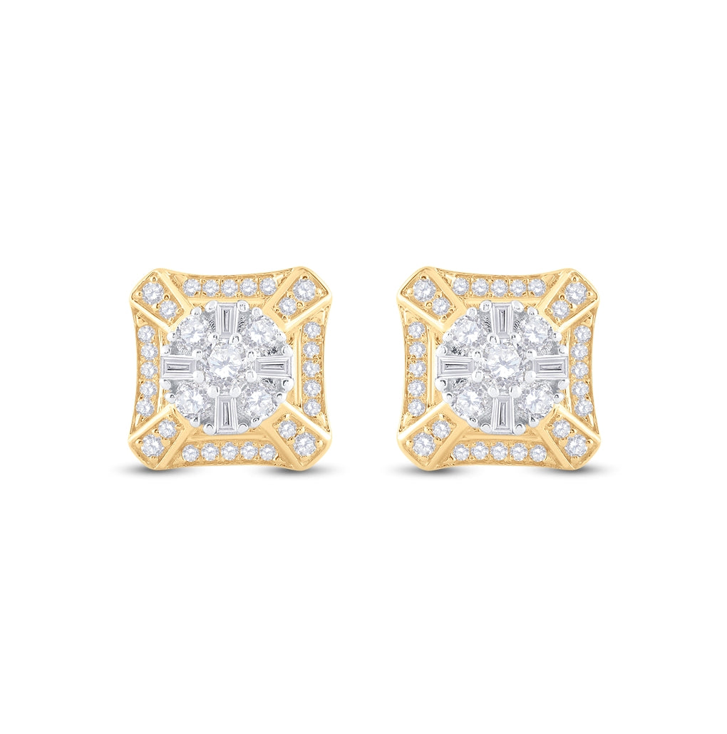 14K Yellow Gold Baguette Diamond Square Cluster Earrings 3/4 Cttw