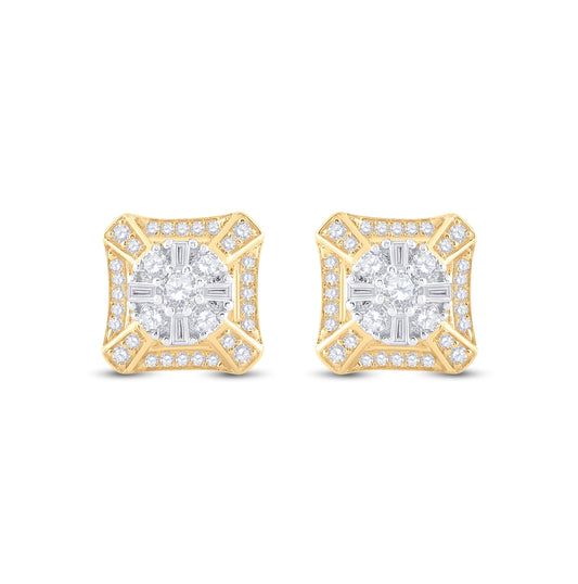 14K Yellow Gold Baguette Diamond Square Cluster Earrings 3/4 Cttw