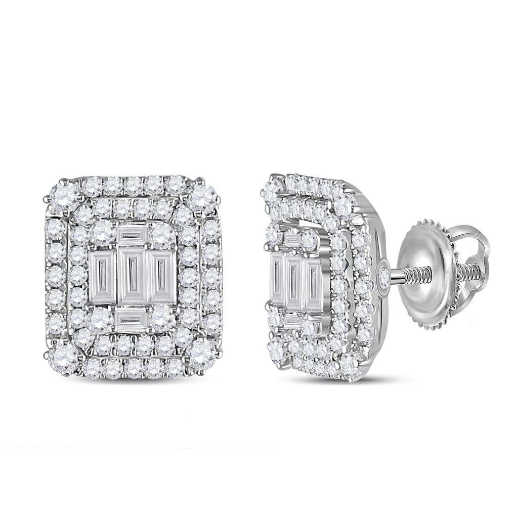 14K White Gold Womens Baguette Diamond Cluster Earrings 1-1/5 Cttw