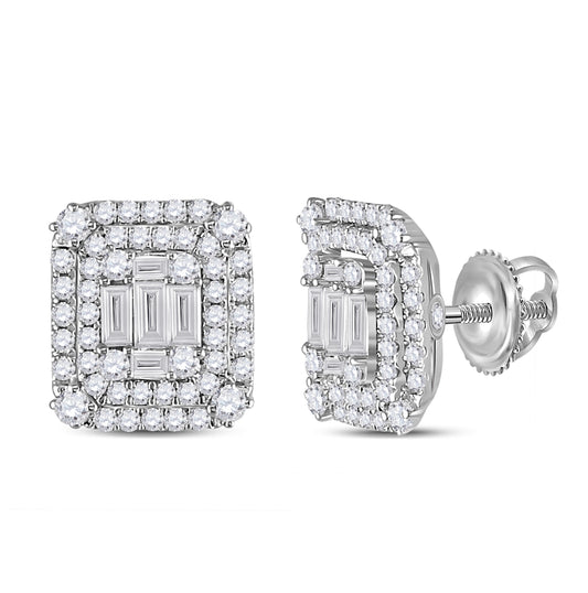 14K White Gold Womens Baguette Diamond Cluster Earrings 1-1/5 Cttw