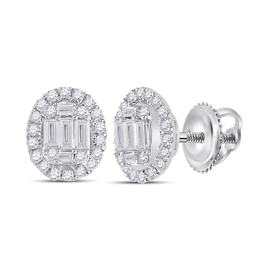 14K White Gold Womens Baguette Diamond Oval Earrings 3/8 Cttw, Length: 0.27 In, Width: 0.17 In