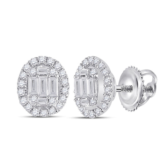 14K White Gold Womens Baguette Diamond Oval Earrings 3/8 Cttw, Length: 0.27 In, Width: 0.17 In