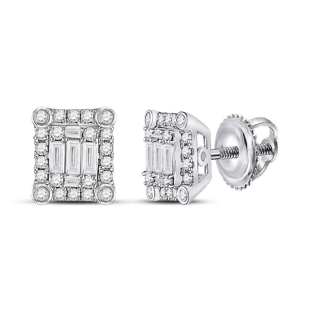 14K White Gold Womens Baguette Diamond Square Cluster Earrings 3/8 Cttw