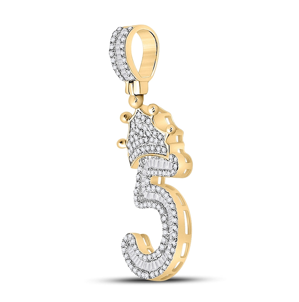 10K Yellow Gold Mens Baguette Diamond Number Crown Charm Pendant