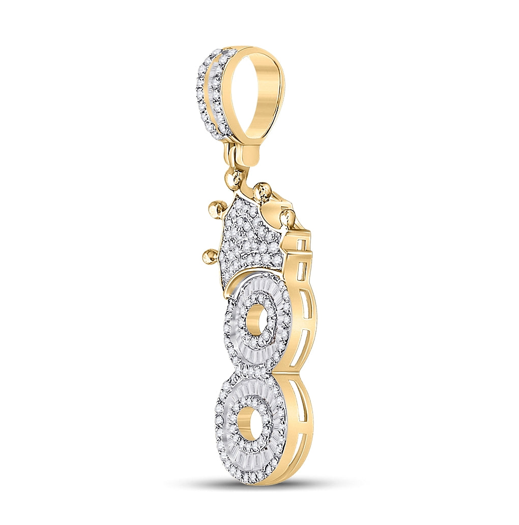 10K Yellow Gold Mens Baguette Diamond Number Crown Charm Pendant