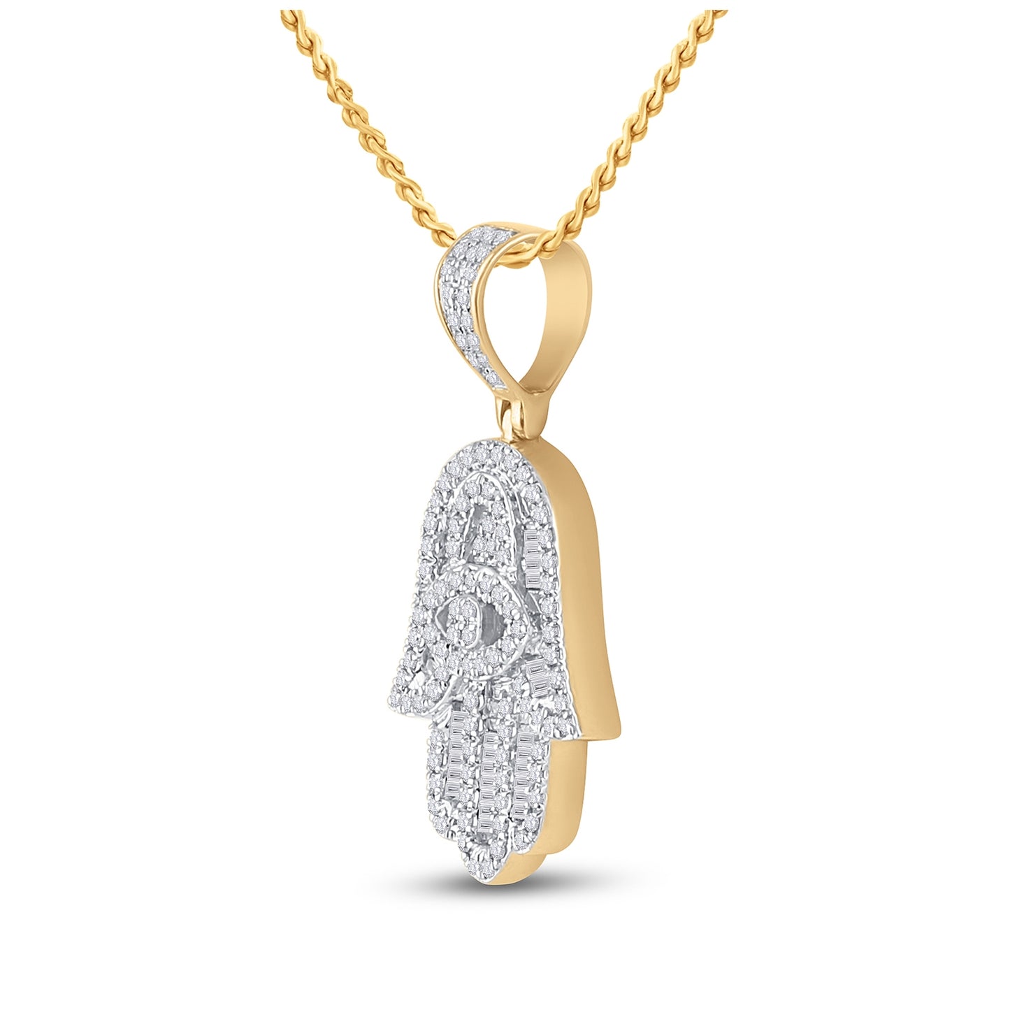 14K Yellow Gold Mens Baguette Diamond Hamsa Hand Charm Pendant 1/2 Cttw, Length: 1.17 In, Width: 0.59 In