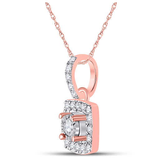 10K Rose Gold Womens Round Diamond Square Pendant 1/6 Cttw