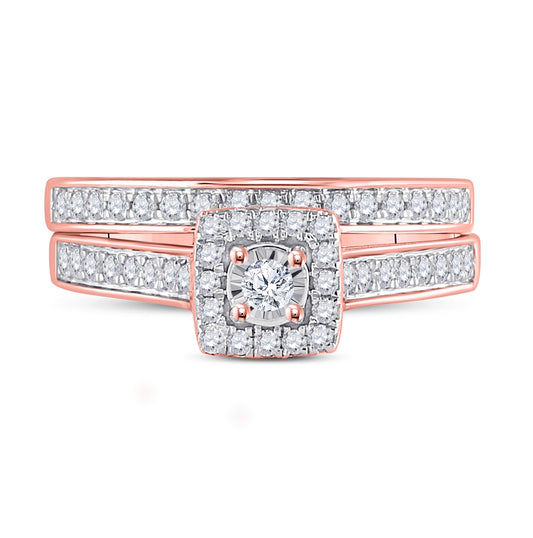 10K Rose Gold Round Diamond Halo Bridal Wedding Ring Band Set 1/2 Cttw, Womens Size: 5-10