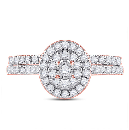 10K Rose Gold Round Diamond Oval Halo Bridal Wedding Ring Band Set 1/2 Cttw, Womens Size: 5-10