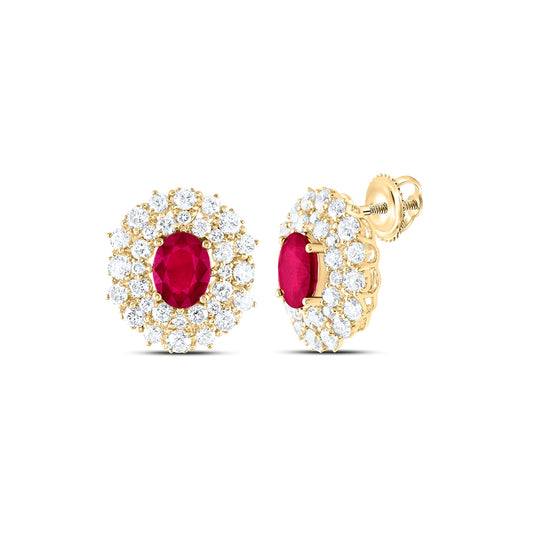 14K Yellow Gold Womens Oval Ruby Diamond Fashion Earrings 5-3/8 Cttw