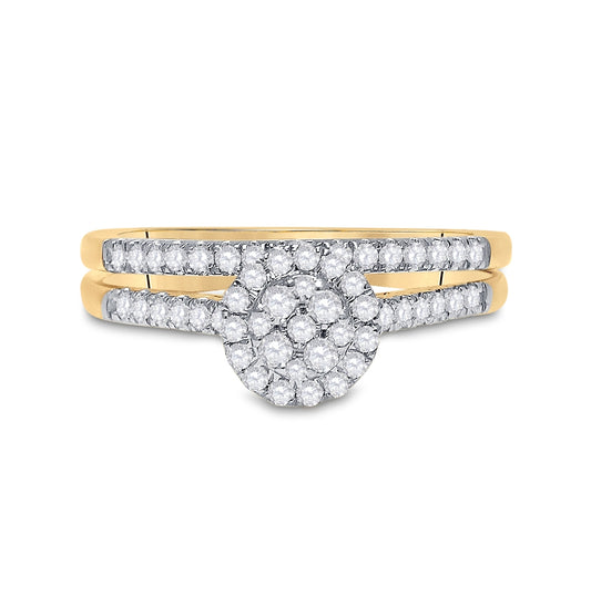 14K Yellow Gold Round Diamond Cluster Bridal Wedding Ring Band Set 1/2 Cttw, Womens Size: 5-10