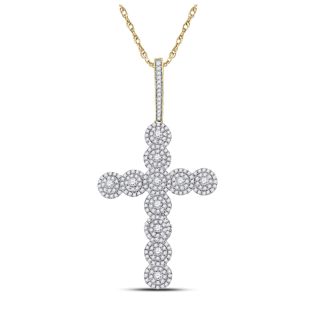10K Yellow Gold Mens Round Diamond Cross Charm Pendant 1-1/2 Cttw, Length: 2.2 In, Width: 1.16 In