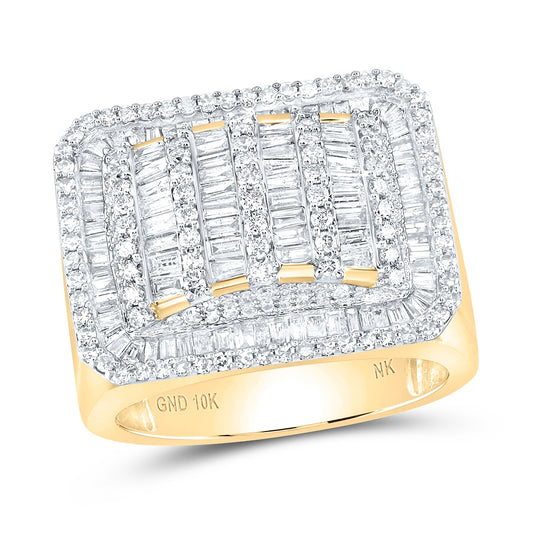 10K Yellow Gold Mens Baguette Diamond Rectangle Fashion Ring 2-1/3 Cttw, Mens Size: 7-13