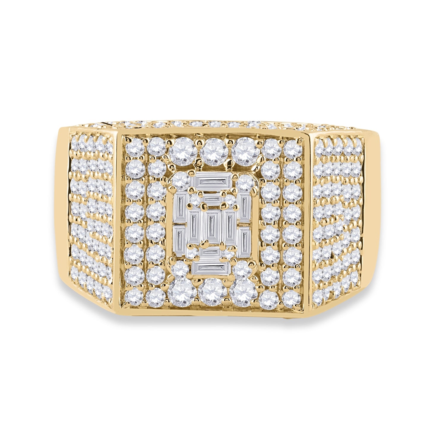 14K Yellow Gold Mens Baguette Diamond Square Ring 2-3/4 Cttw, Mens Size: 7-13