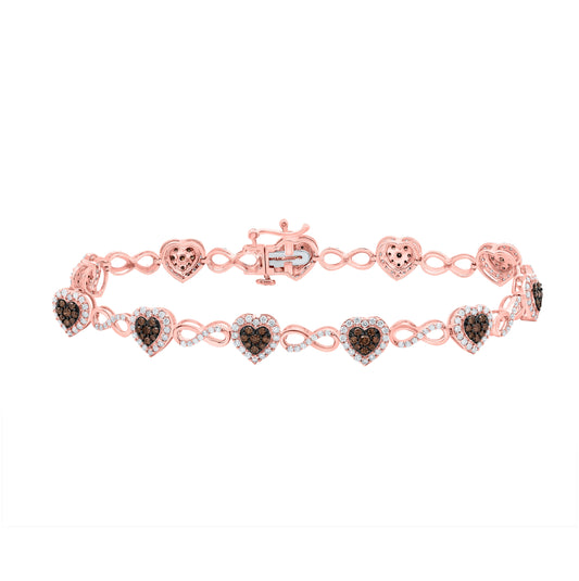 10K Rose Gold Womens Round Brown Diamond Heart Bracelet 1-7/8 Cttw