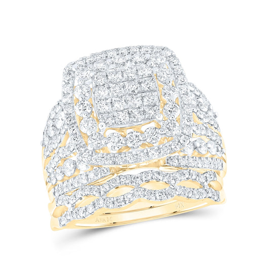 14K Yellow Gold Round Diamond Square Bridal Wedding Ring Band Set 2ctw, Womens Size: 5-10